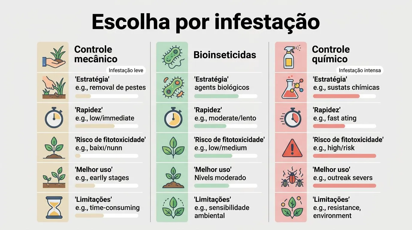 Infográfico comparativo com opções de controle para pulgões e critérios como rapidez e risco de fitotoxicidade.