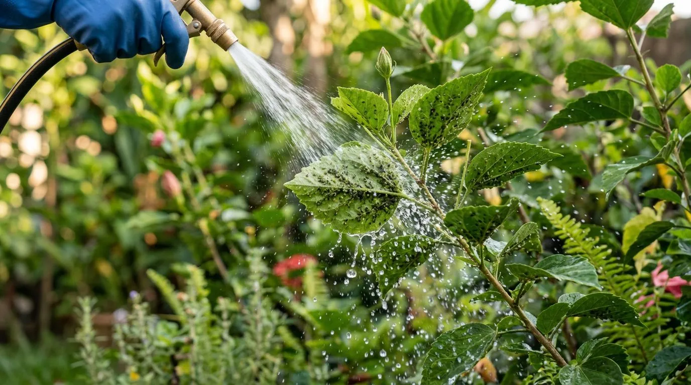 Jato de água atingindo o verso das folhas para derrubar pulgões sem danificar a planta, em foto realista.