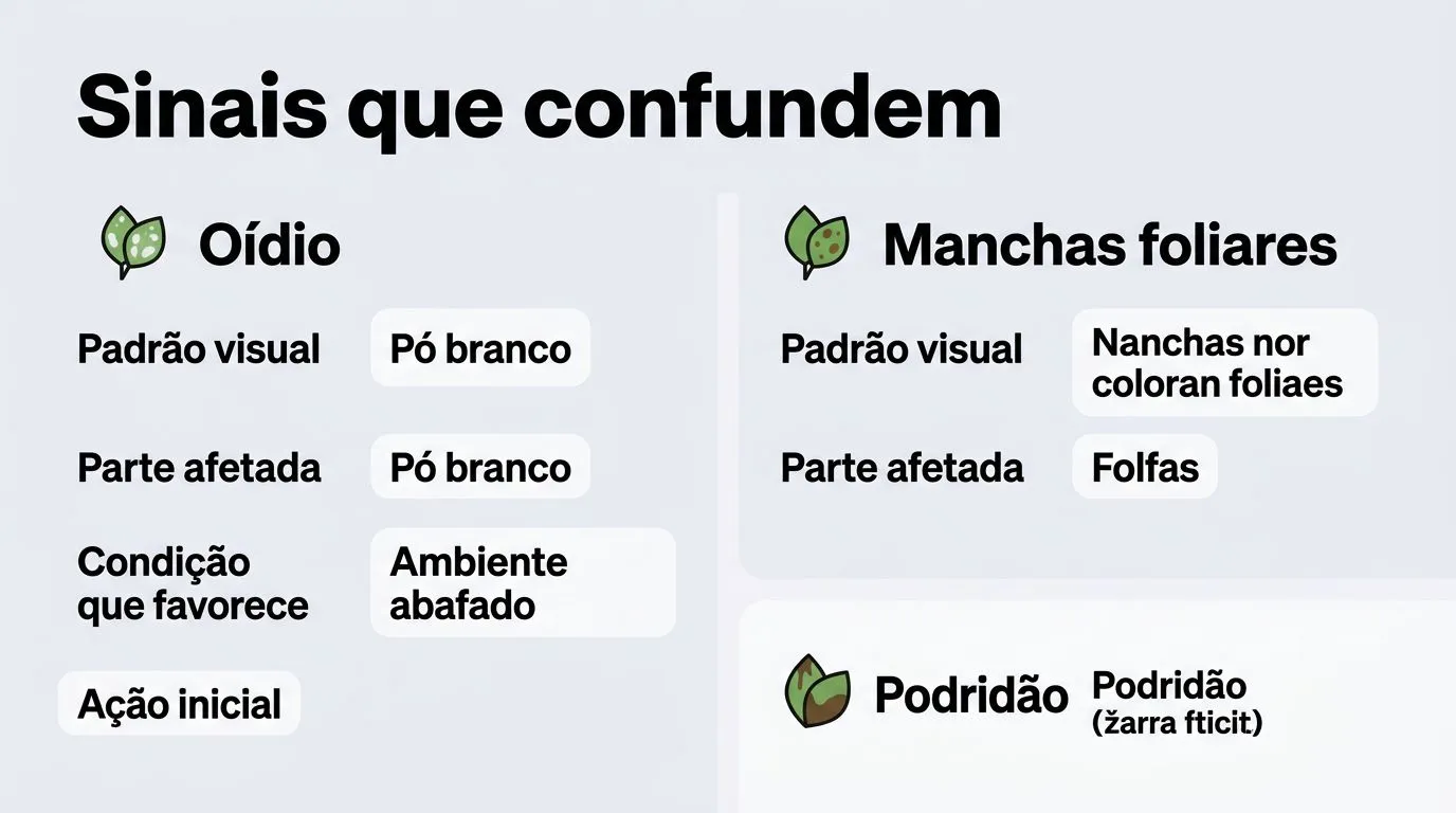 Comparativo visual de oídio, manchas foliares e podridão com padrões e partes afetadas.