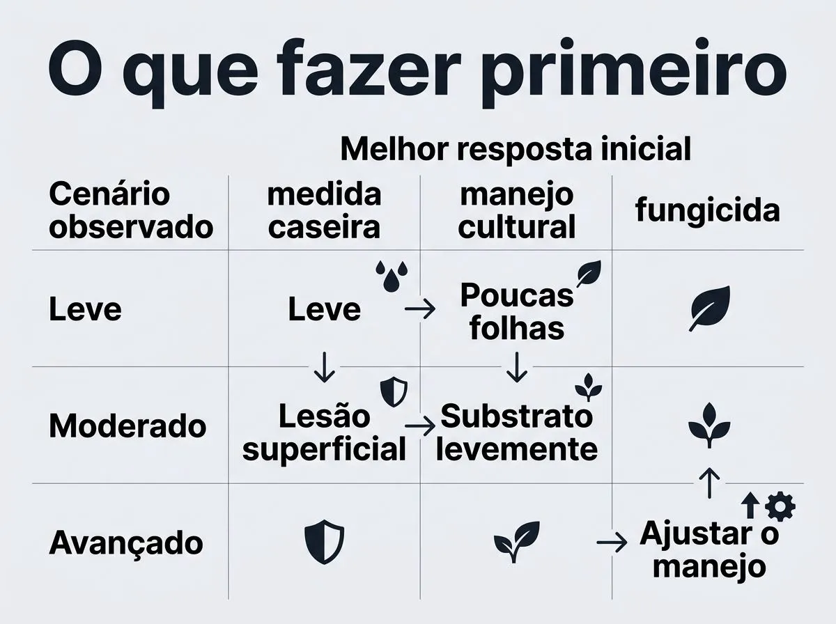 Quadro de decisão para tratar fungos: leve, moderado e avançado com a melhor resposta inicial.