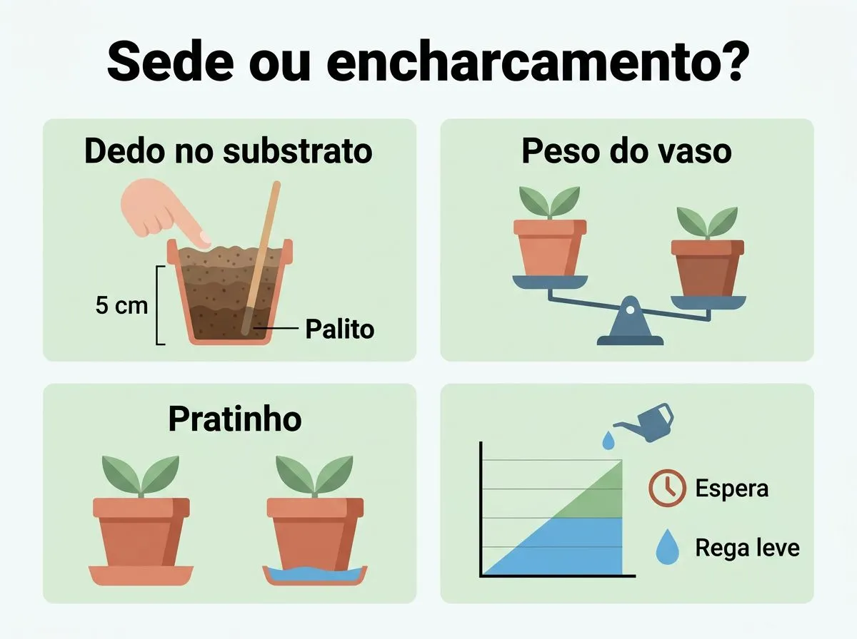 Infográfico com testes rápidos no substrato, peso do vaso e pratinho para separar sede de encharcamento.