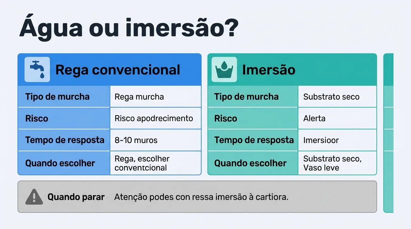 Comparativo entre rega convencional e imersão para resgate imediato de planta murcha, com risco e tempo de resposta.