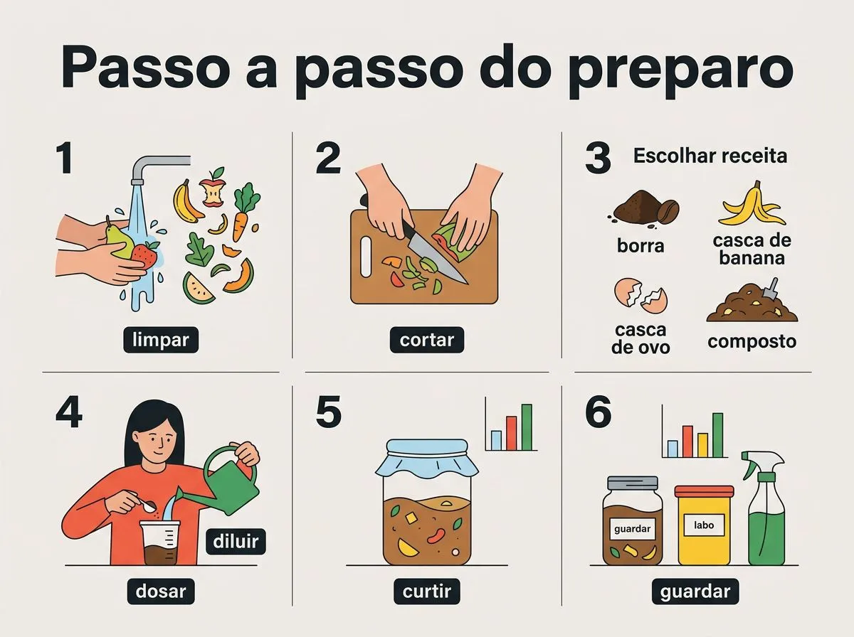 Infográfico com etapas numeradas para preparar adubo caseiro corretamente.