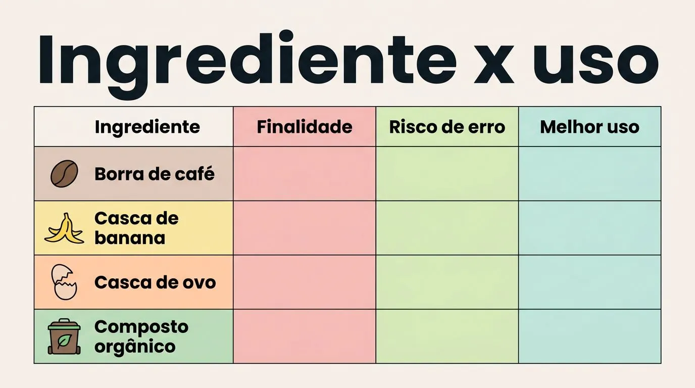 Comparação de ingredientes do adubo caseiro e seus usos principais.