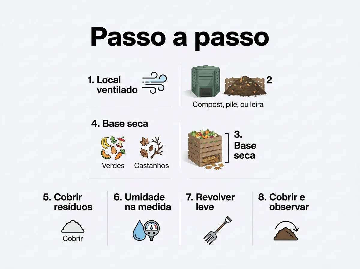Infográfico com etapas para montar compostagem em casa, alternando materiais verdes e castanhos, com base seca, cobertura e ajustes de umidade.