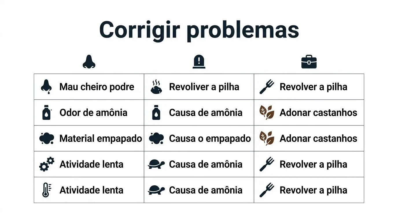 Comparativo de sintomas, causas prováveis e correções práticas para ajustar compostagem caseira quando surgem mau cheiro, amônia ou falta de atividade.