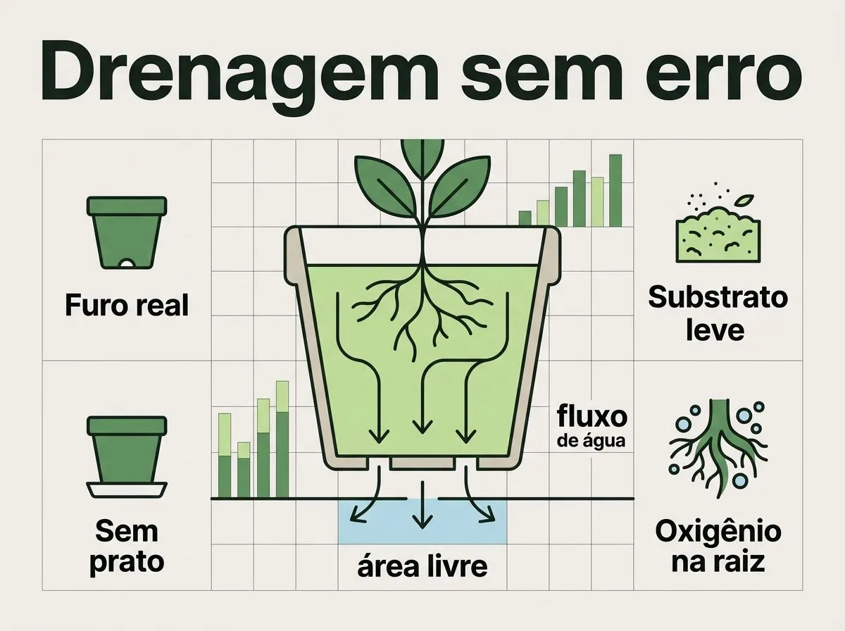 Infográfico em corte mostrando como a água deve sair pelo furo e evitar acúmulo no prato para proteger as raízes.