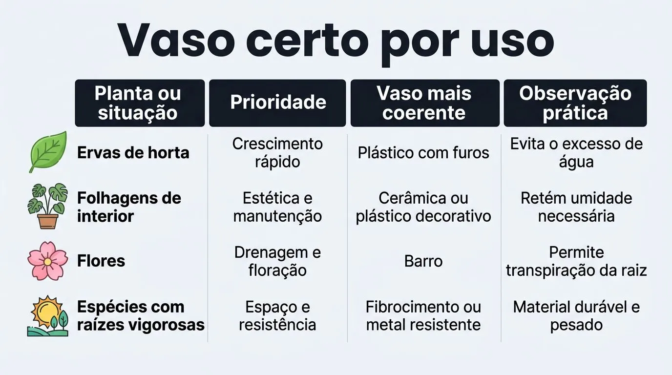 Comparativo visual mostrando como escolher o vaso conforme a planta ou a situação de cultivo, destacando prioridade e tipo de vaso.
