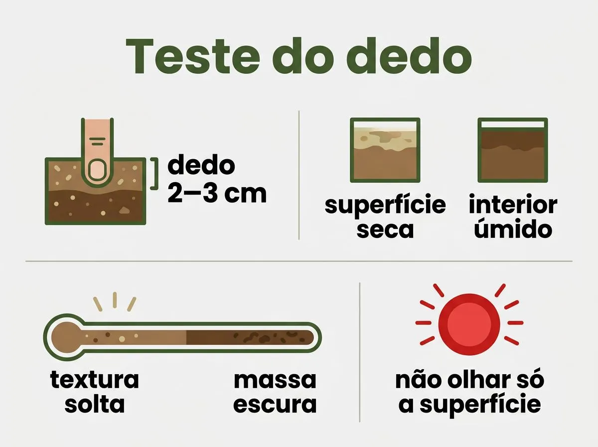 Infográfico mostrando o teste do dedo a 2–3 cm e a leitura de textura do substrato para decidir quando regar