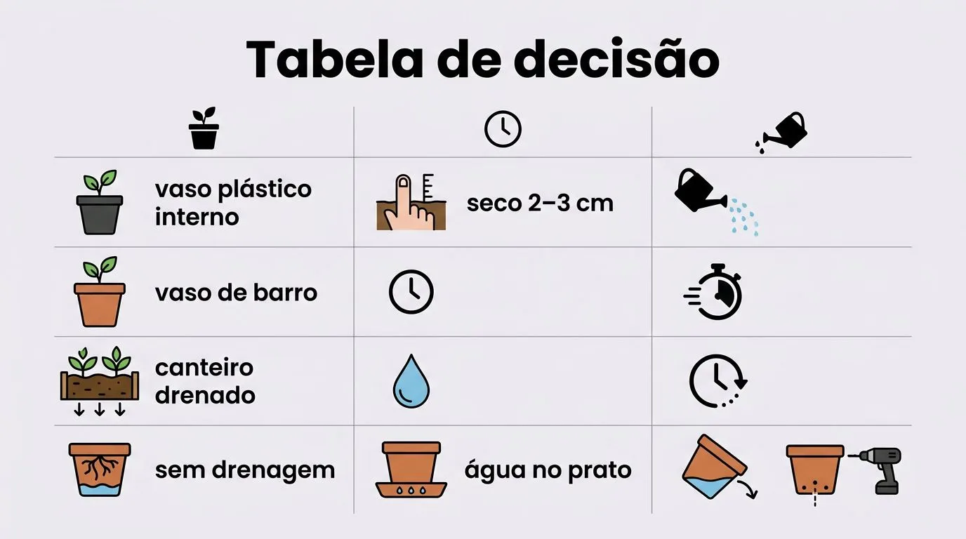 Tabela comparativa com situações, sinais e ações para regar sem encharcar nem secar demais