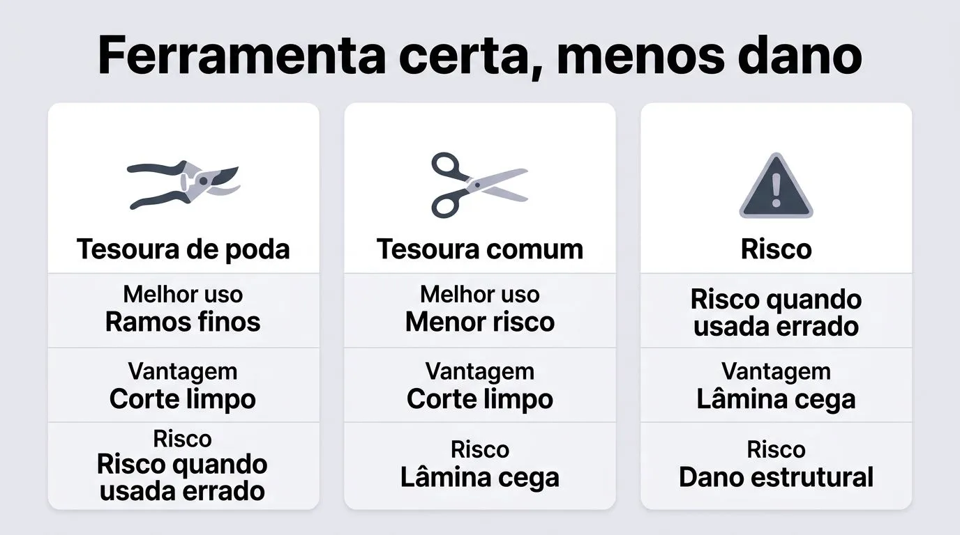 Comparação visual de ferramentas de poda: uso, vantagem e risco de uso errado.