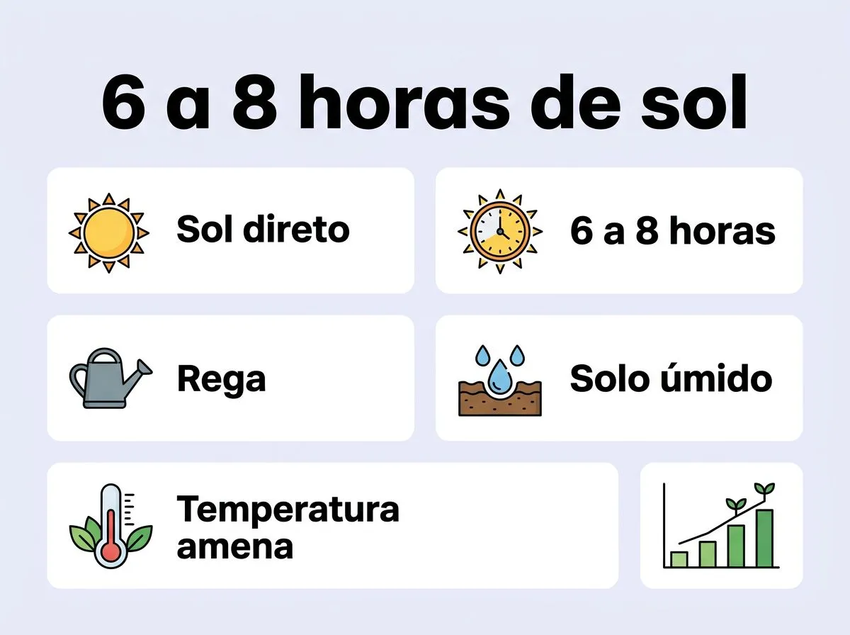 Infográfico ilustrando luz, temperatura e rega do tomateiro em vaso, com foco em sol direto e solo úmido