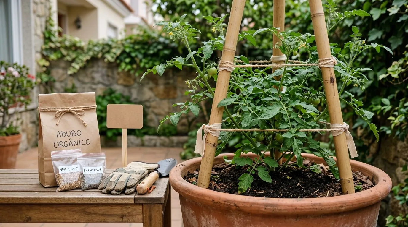 Tomateiro em vaso com tutor e materiais genéricos de adubação ao lado