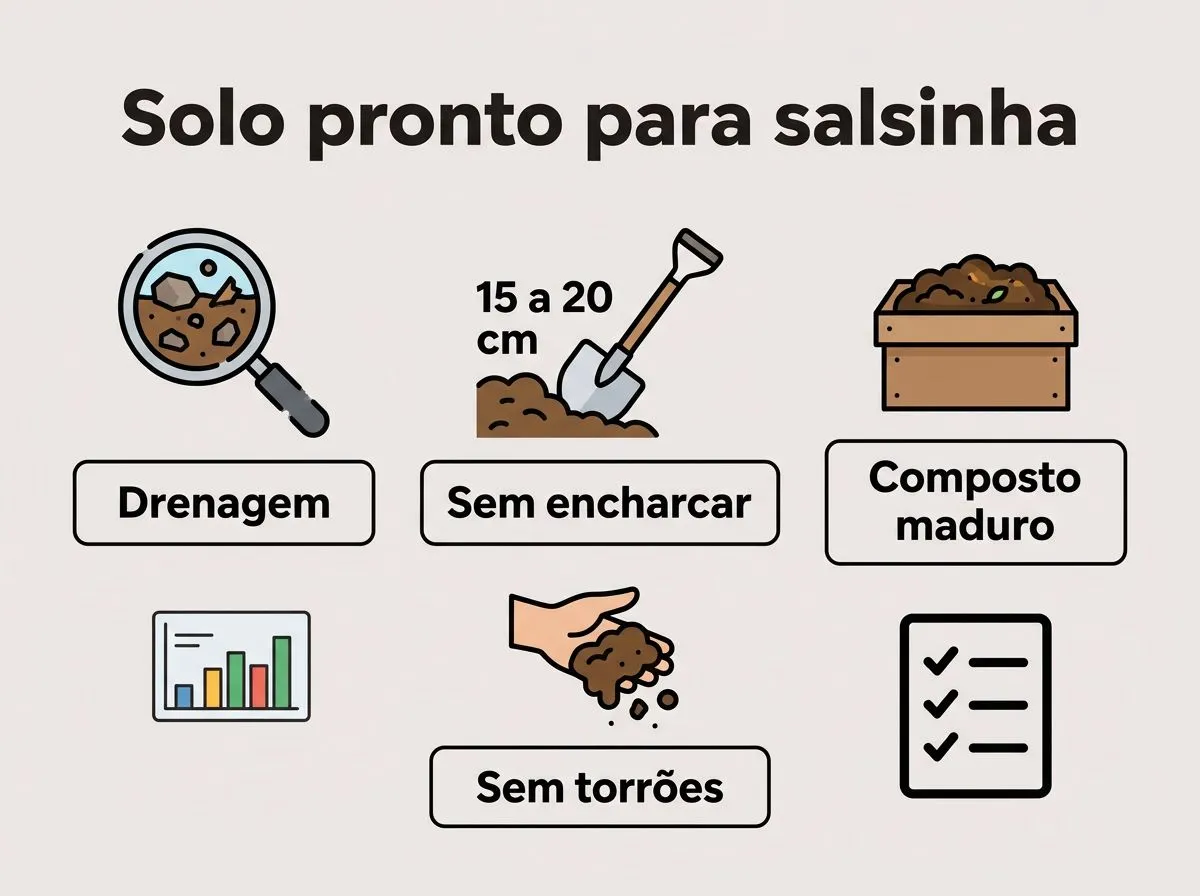 Ilustração passo a passo para preparar o solo e corrigir a fertilidade do canteiro de salsinha.