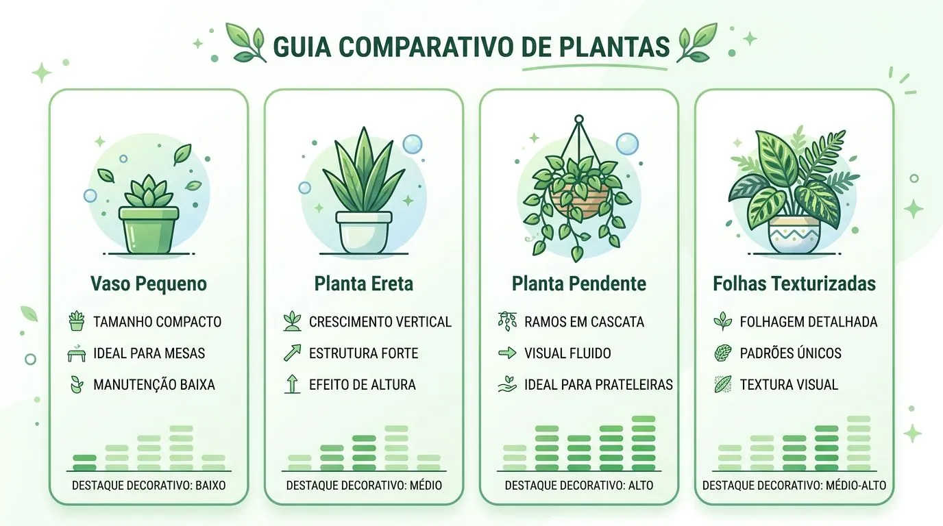 Infográfico comparando tipos de peperômia por hábito e folhas.