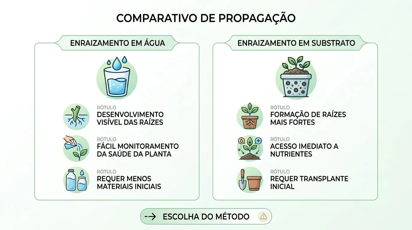 Comparação entre enraizar peperômia na água e no substrato leve, com rótulos de risco, umidade e acompanhamento de raízes.