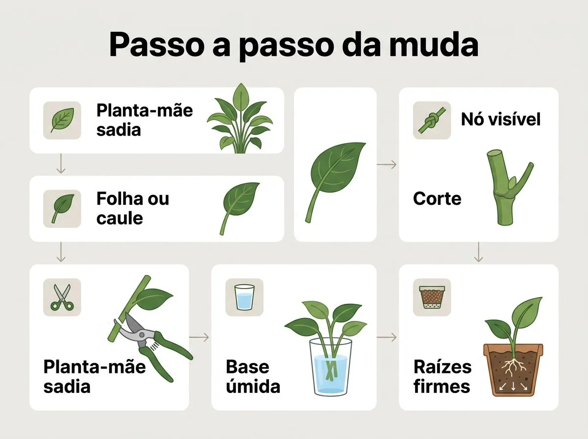 Guia visual em etapas para fazer muda de peperômia com corte limpo, escolha de folha ou caule e montagem correta na água ou no substrato.