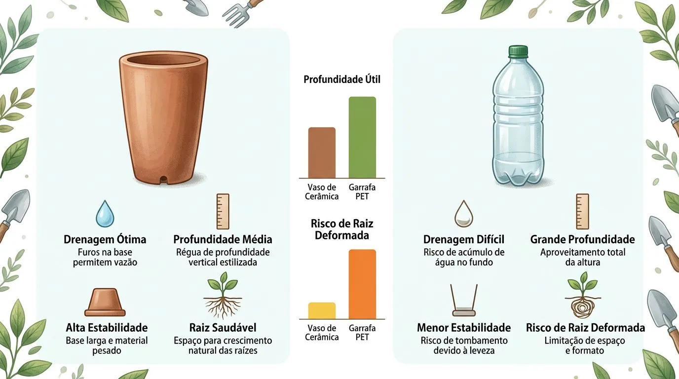 Comparativo visual entre vaso alto e garrafa PET para cultivo de cenoura, destacando profundidade útil, drenagem e risco de raiz deformada.