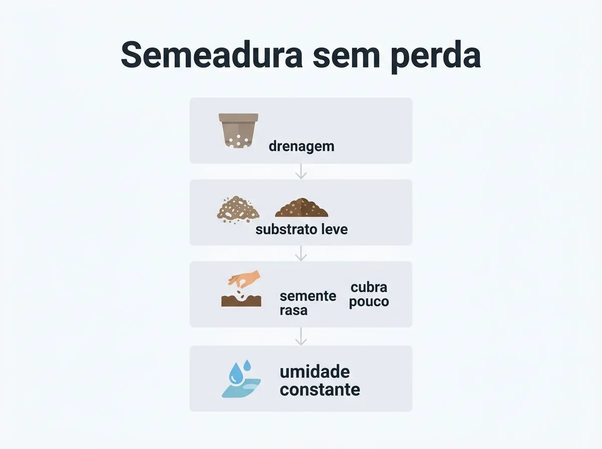 Infográfico com etapas para preparar vaso, substrato e semeadura de coentro