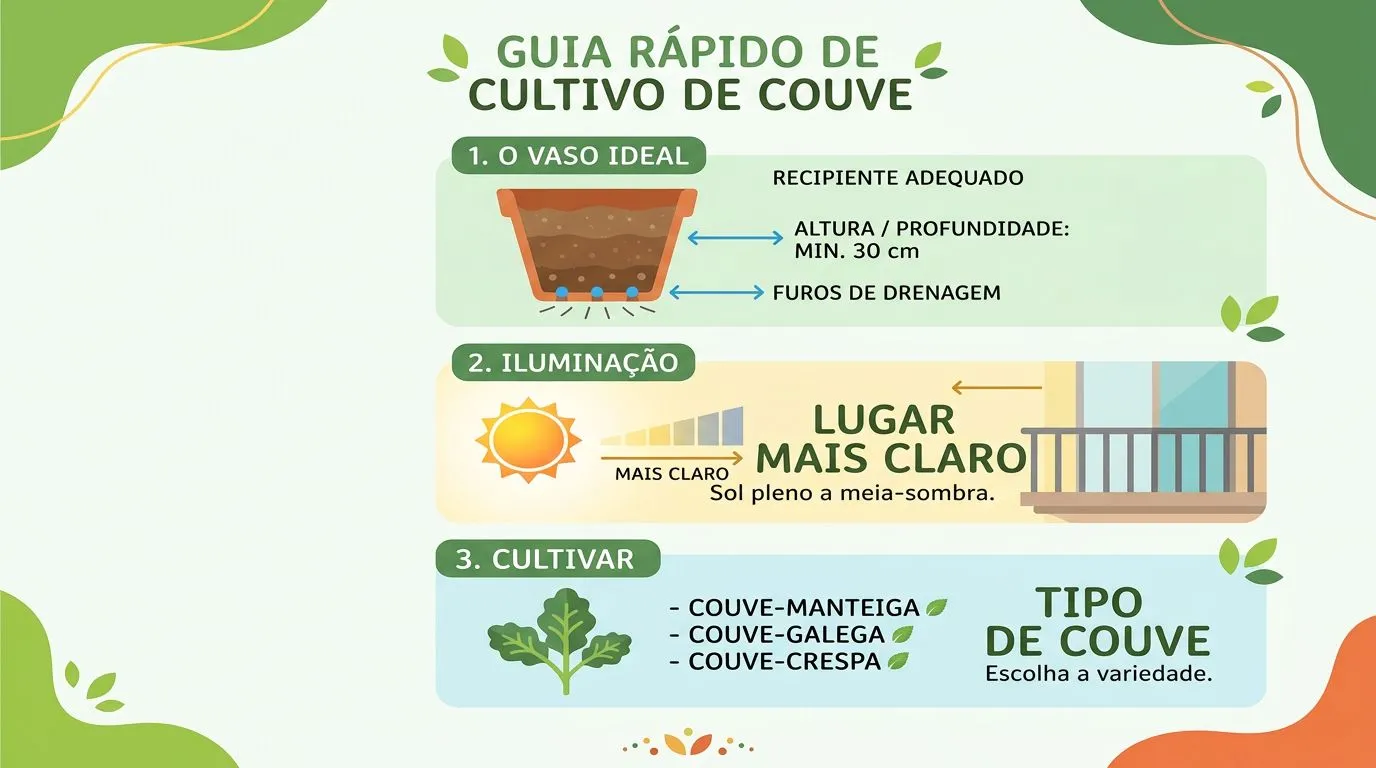 Infográfico sobre tipo de vaso, tamanho mínimo e melhor local para cultivar couve em apartamento