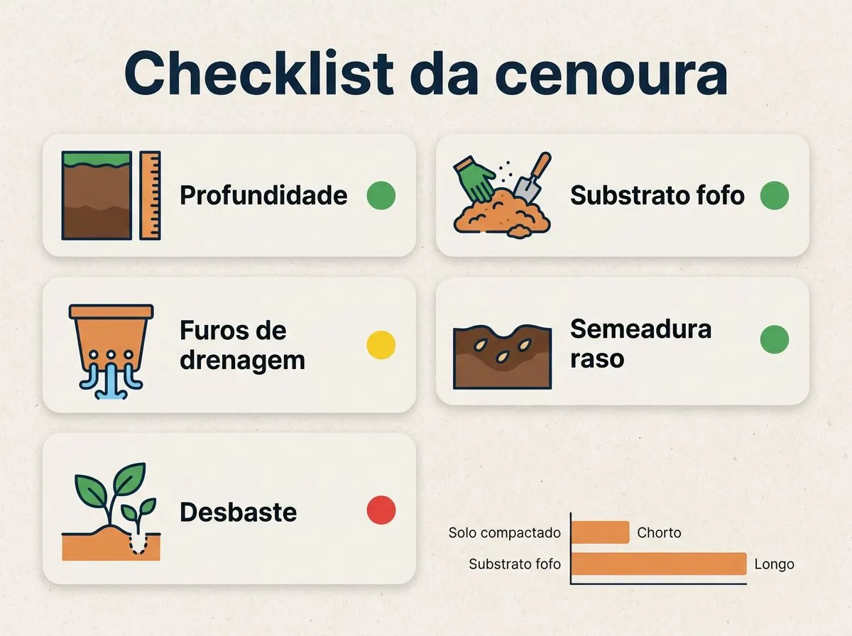Checklist ilustrado com passos essenciais para cultivar cenoura em vaso ou garrafa PET: profundidade, substrato leve, furos, semeadura e desbaste.