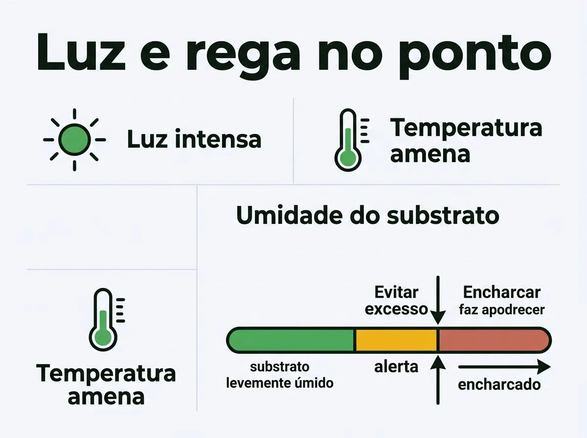 Infográfico com orientação de luz, temperatura e rega do alho em vaso, indicando como manter umidade sem encharcar.