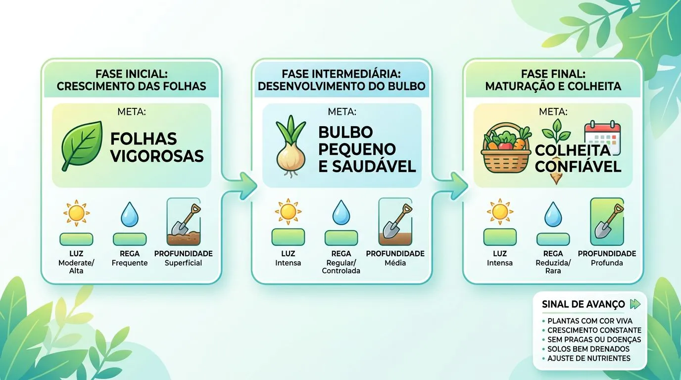 Comparativo visual para escolher entre colheita de folhas, bulbo pequeno ou colheita confiável em alho cultivado em vaso.