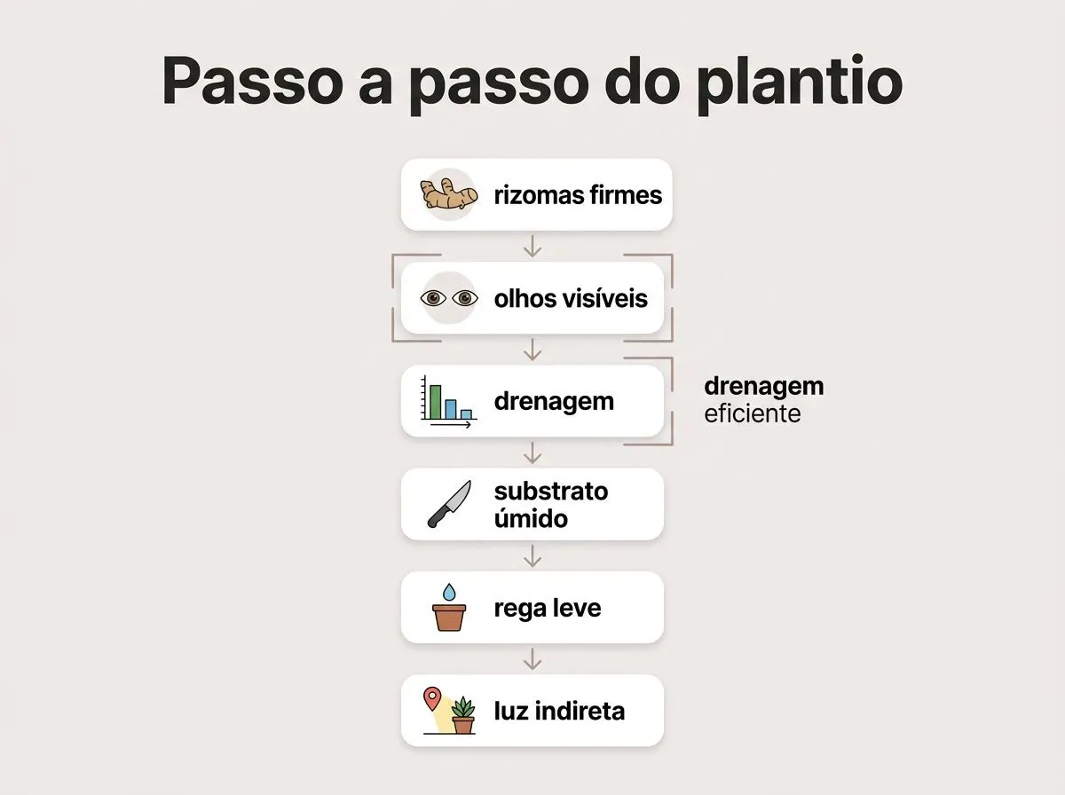 Infográfico mostrando o passo a passo para plantar gengibre em vaso, com destaque para rizomas, drenagem, substrato e luz indireta.