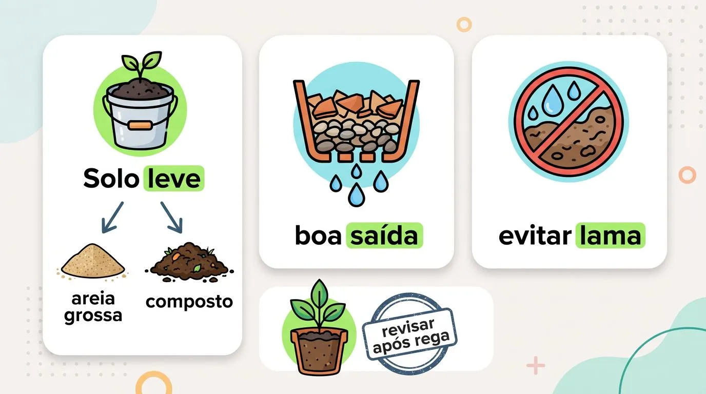 Infográfico mostrando montagem do vaso para orégano com solo leve e drenagem para evitar excesso de água.
