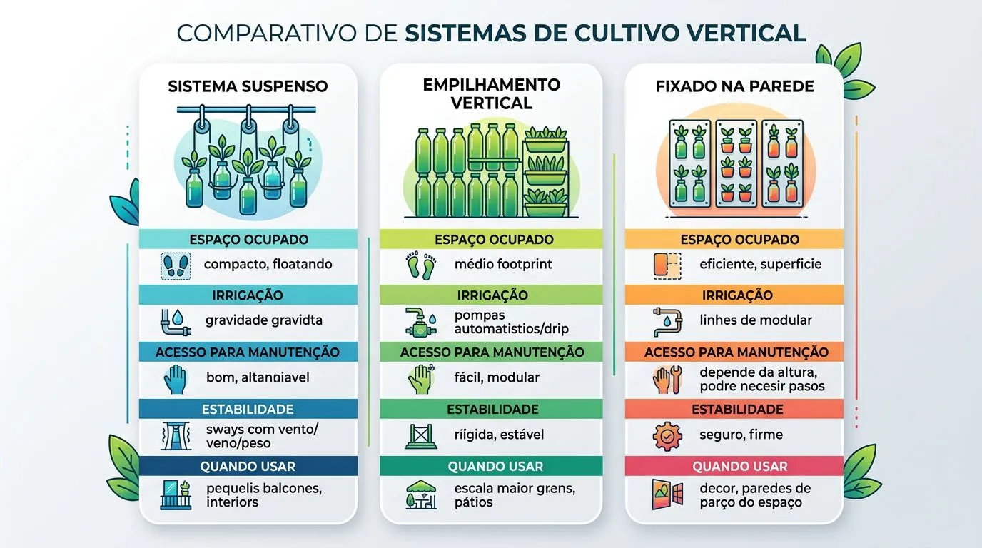 Comparativo visual entre horta em garrafa PET suspensa, vertical e na parede, com indicadores de espaço, irrigação, acesso e estabilidade.