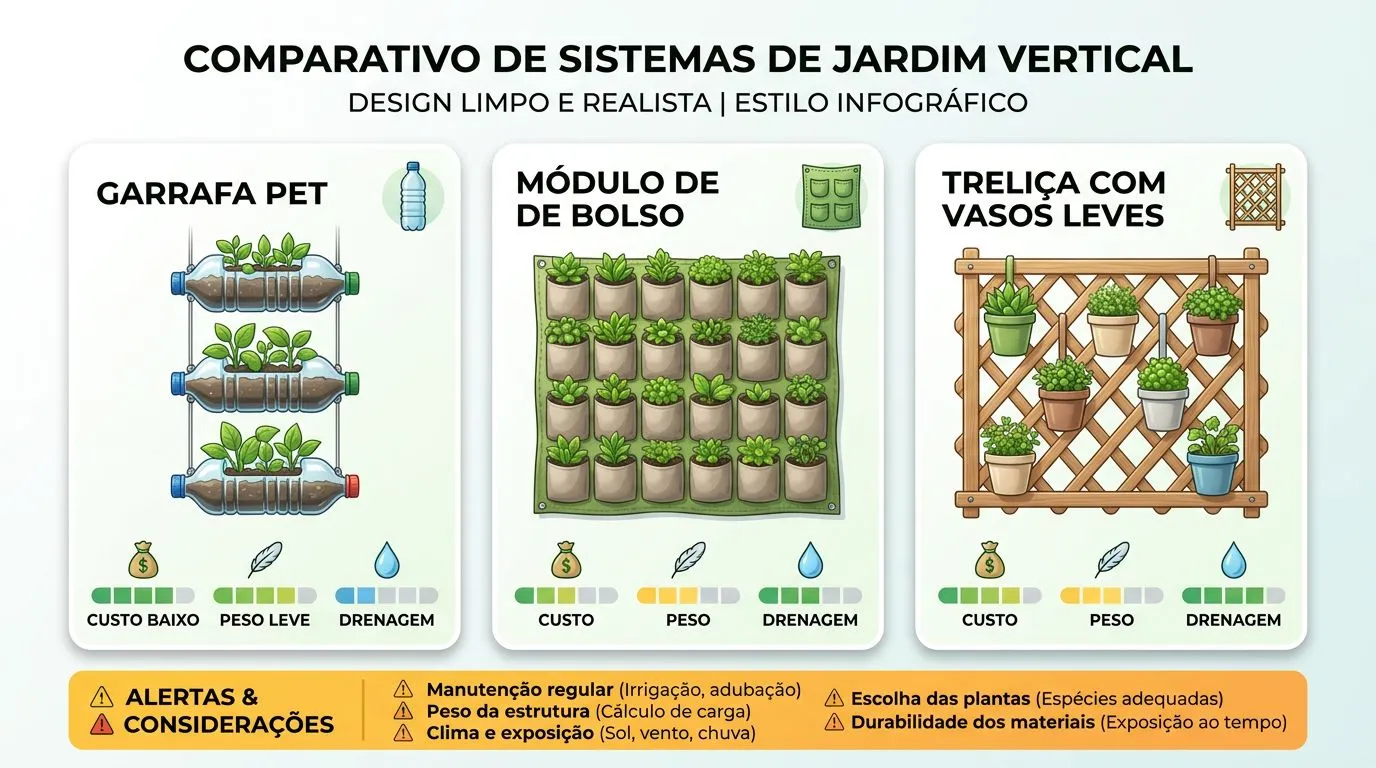Comparação visual de materiais baratos para horta vertical (g até) com critérios de custo, peso e rega.
