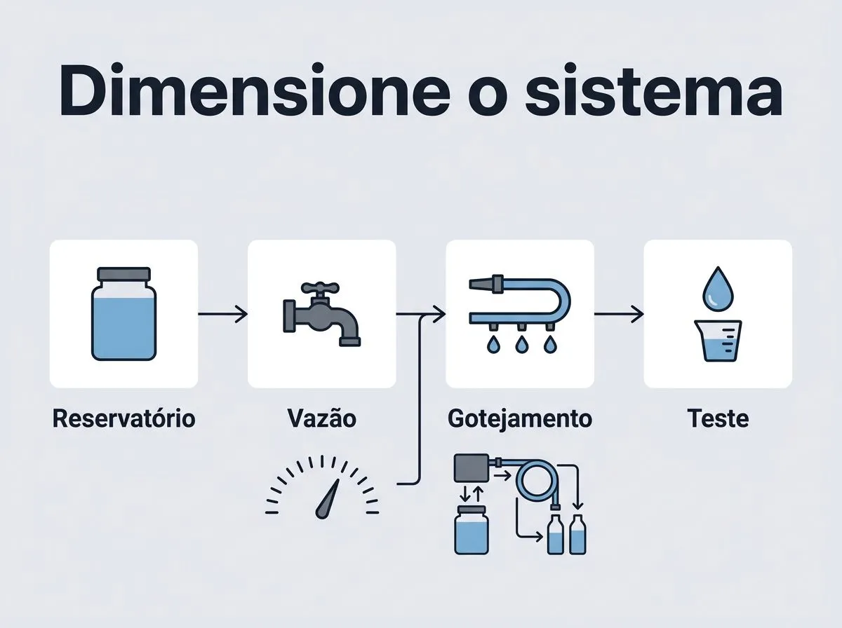 Infográfico mostrando como dimensionar reservatório, vazão e pontos de gotejamento na horta em garrafa PET.