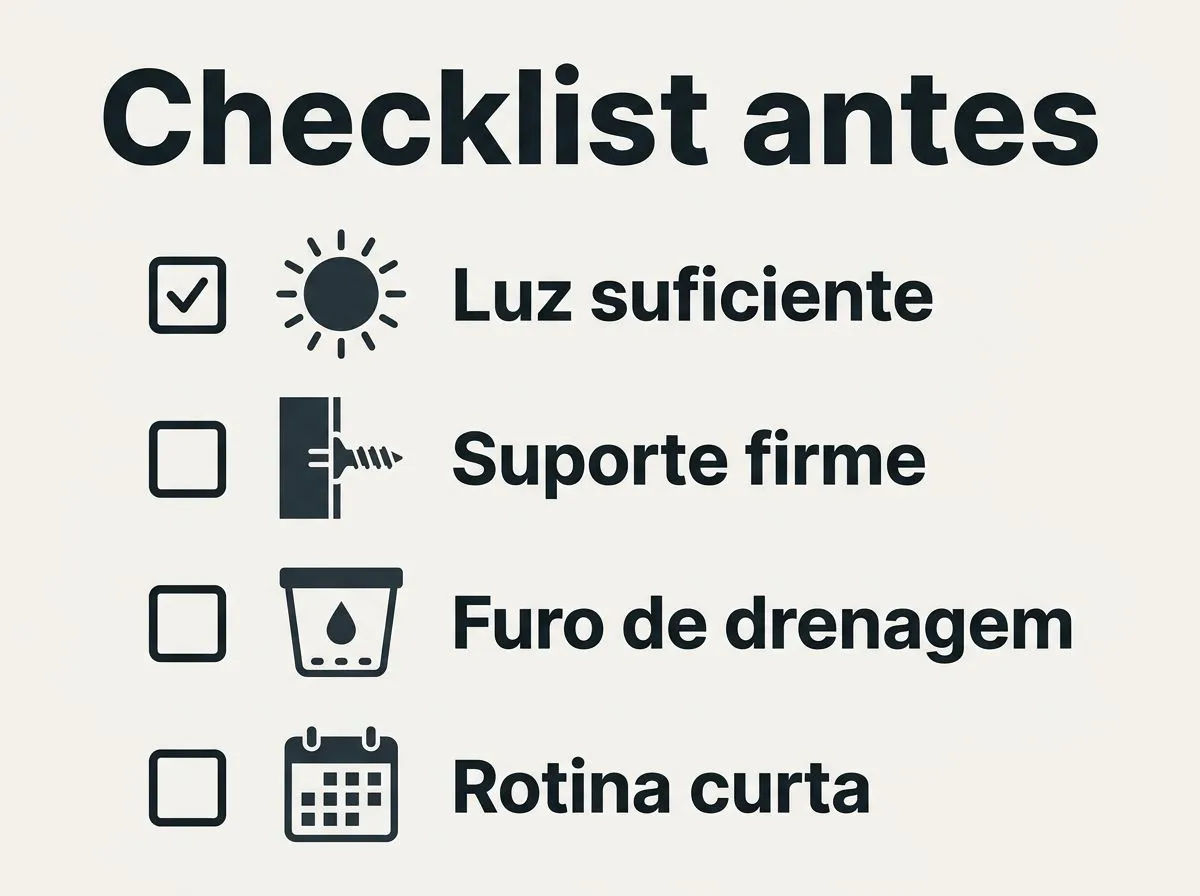 Checklist visual para verificar luz, suporte, drenagem e rotina antes de instalar a horta vertical.