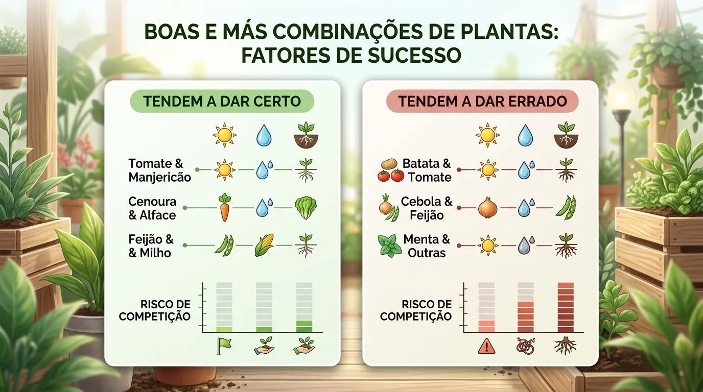 Comparativo visual de combinações de temperos que tendem a funcionar bem e combinações que tendem a falhar no mesmo vaso.