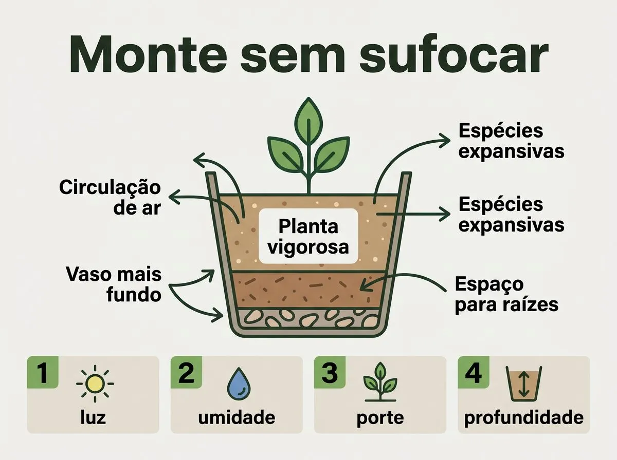 Infográfico com etapas para posicionar temperos no vaso, começando pela planta mais vigorosa e garantindo espaço e circulação de ar.