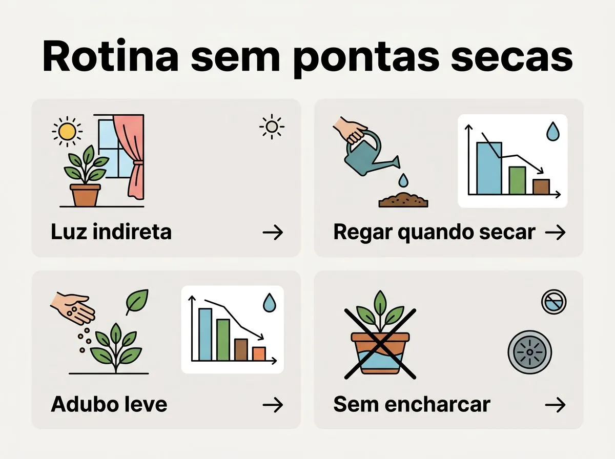 Infográfico com rotina de cuidados da palmeira ráfis: luz indireta, rega na secagem do substrato, adubo leve e evitar encharcamento.
