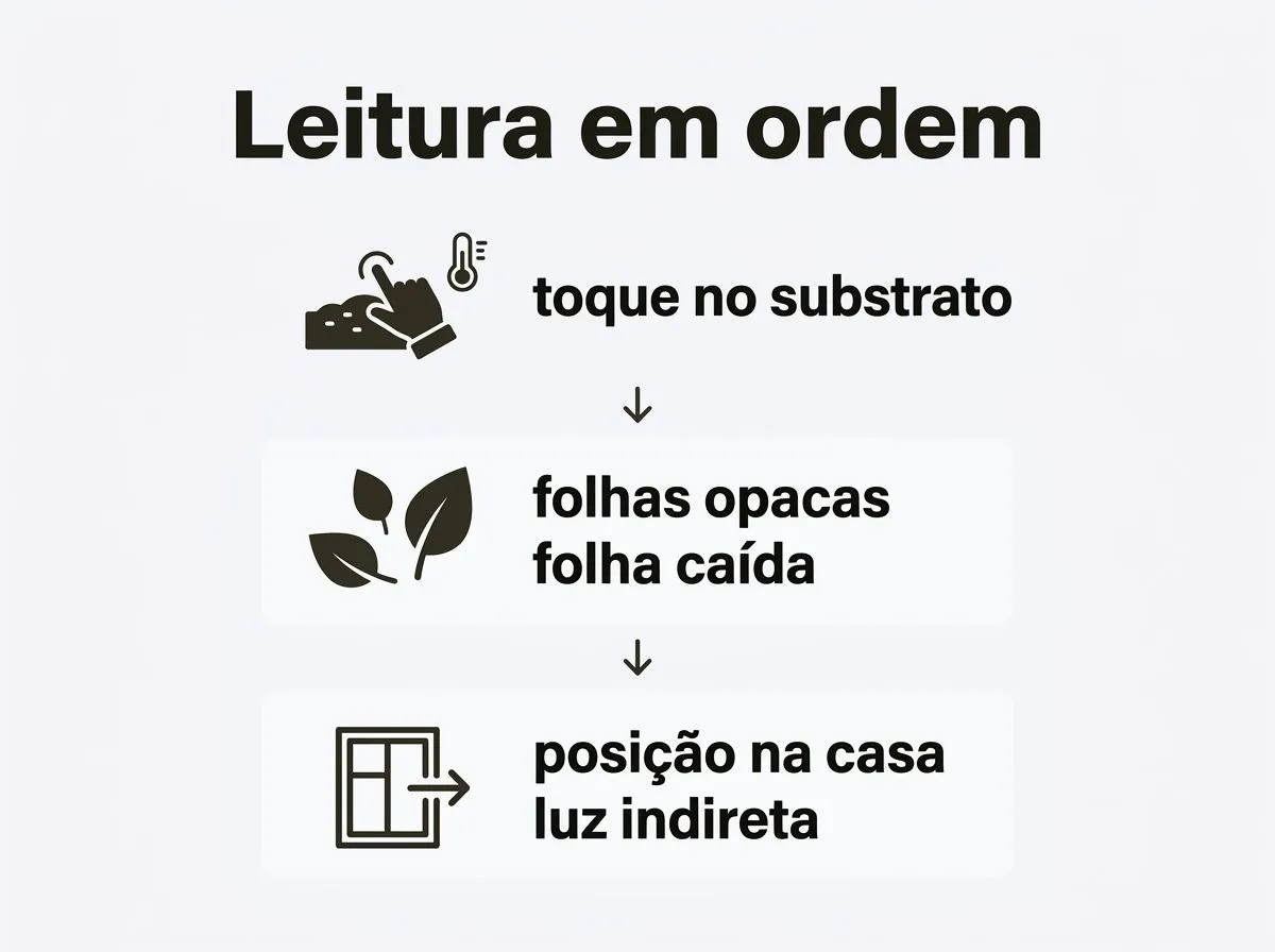 Infográfico com etapas para ler substrato, folhas e posição da aglaonema no ambiente