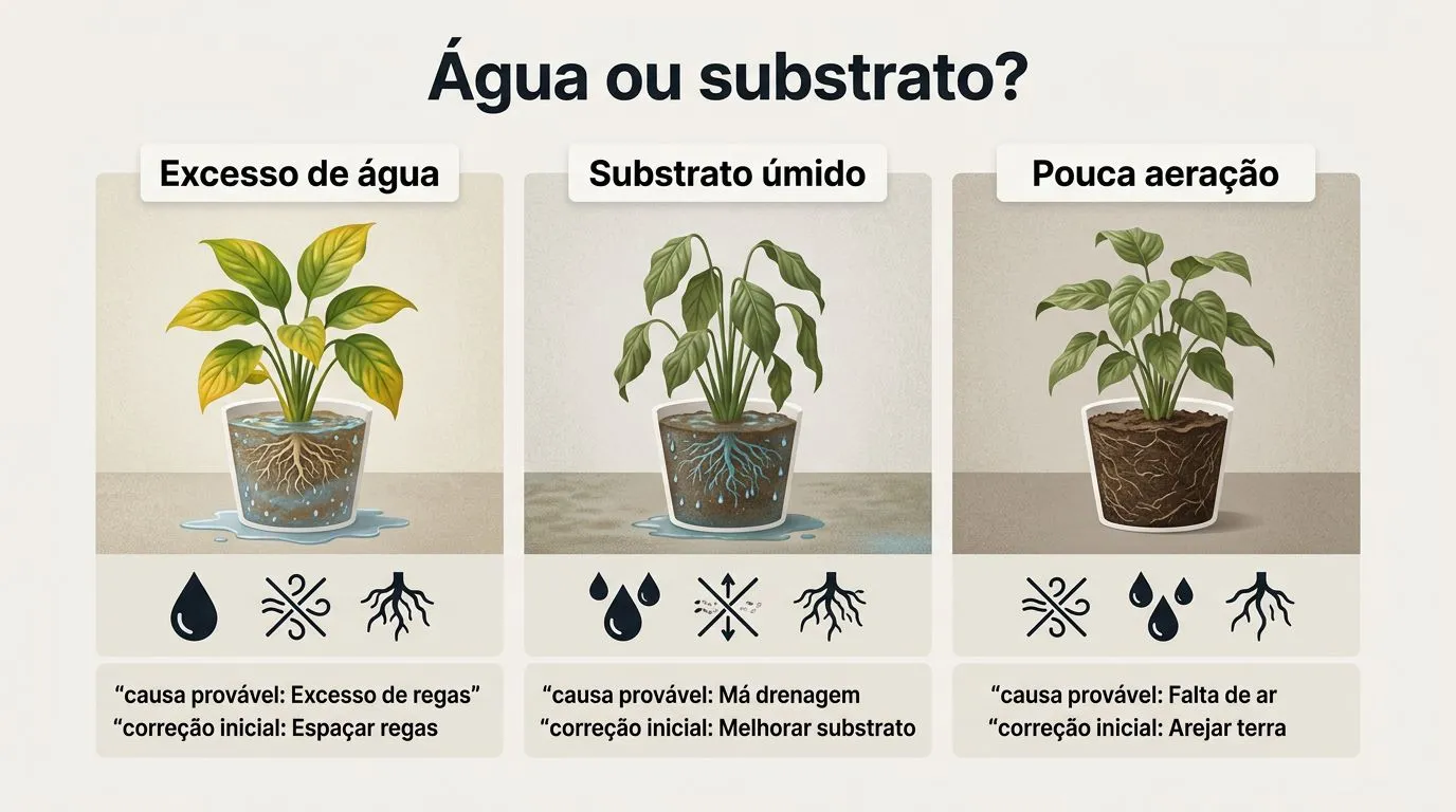 Comparativo visual entre excesso de água, falta de água e substrato inadequado no antúrio