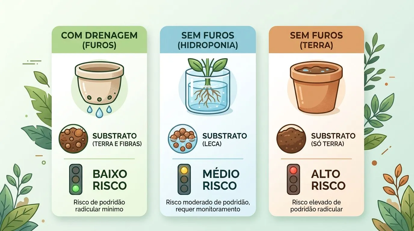 Comparativo visual sobre drenagem e risco de apodrecimento em aglaonema