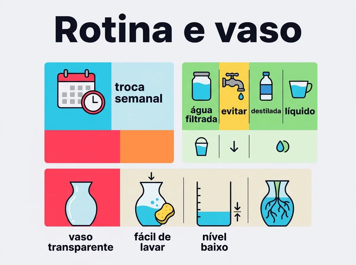 Infográfico mostrando rotina de troca semanal, tipo de água e critérios do vaso para bambu da sorte na água.