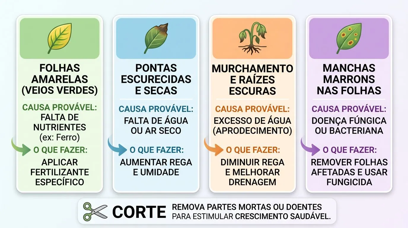 Comparativo visual entre sintomas do bambu da sorte na água e as causas prováveis, com ação imediata.