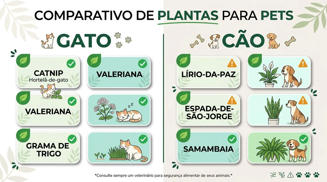 Gráfico comparativo destacando plantas de interior seguras para gatos e cães, com ênfase na espécie correta.
