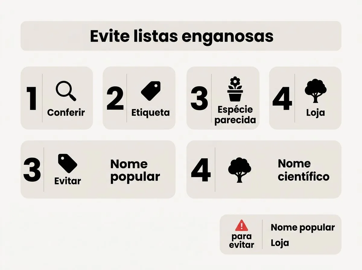 Infográfico checklist para conferir nome científico e evitar plantas parecidas com espécies de risco.
