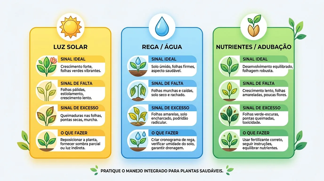 Infográfico com luz, rega e adubação do singônio e sinais de ajuste para um crescimento mais cheio.