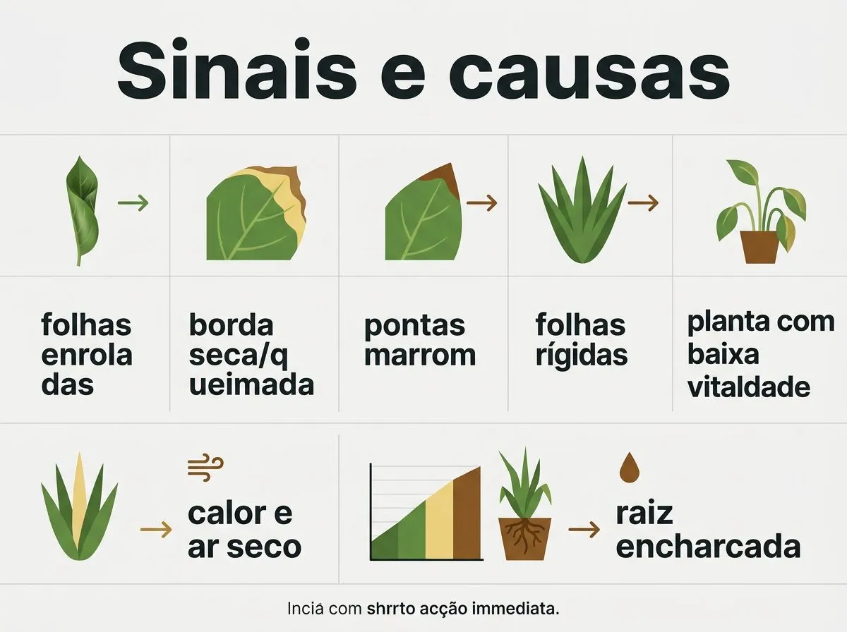 Infográfico com sinais visuais da calatéia e causas prováveis em casa.