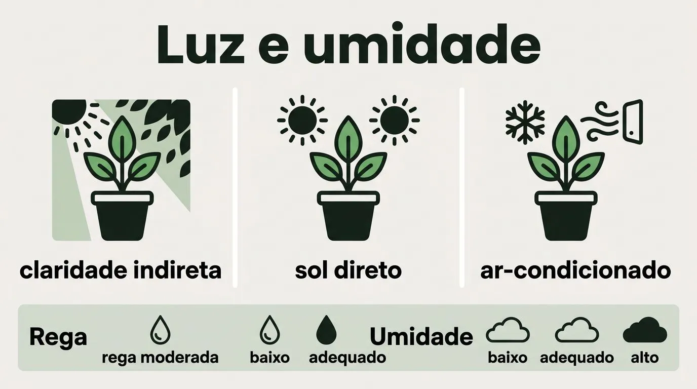 Comparativo entre claridade indireta e sol direto, com orientação de rega e umidade para calatéia.