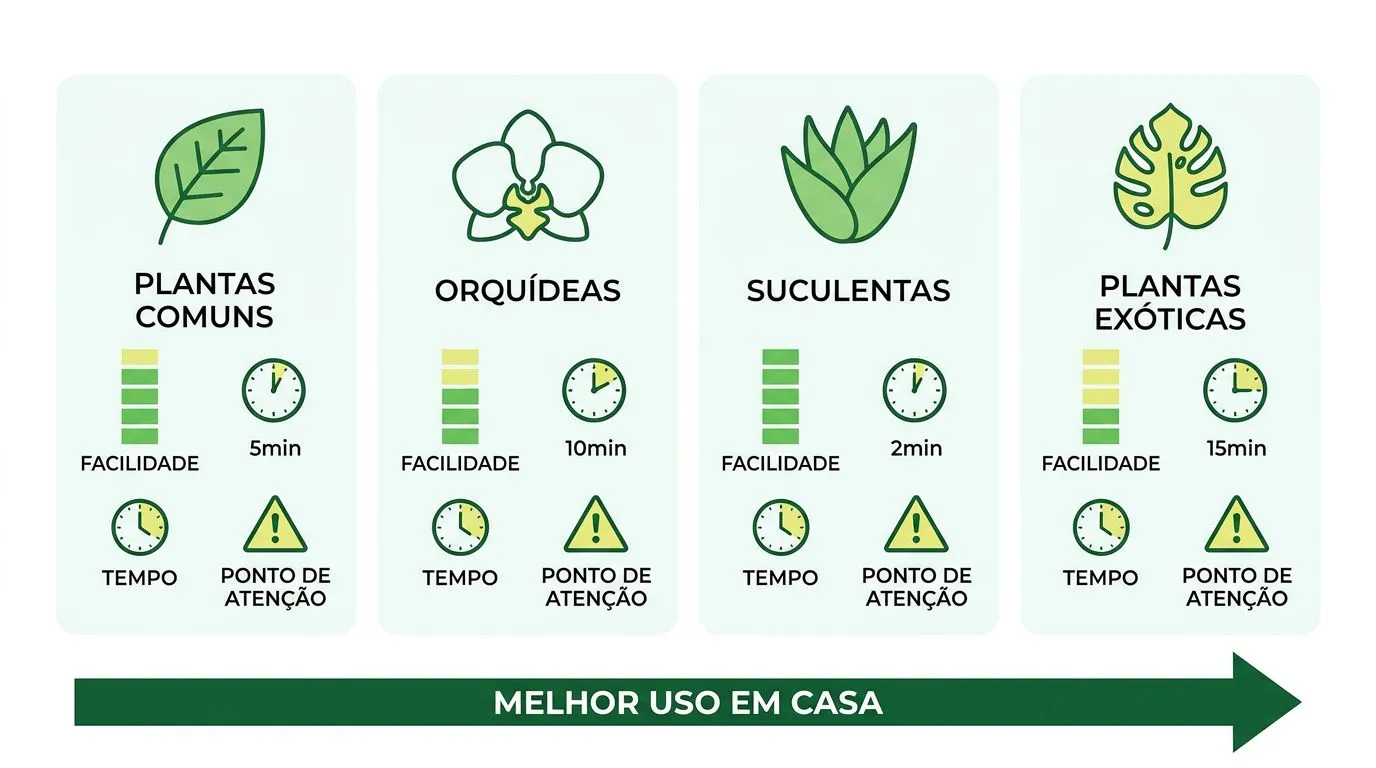 Comparativo visual de espécies de plantas de interior que adaptam melhor ao cultivo na água, com destaque para facilidade e atenção.