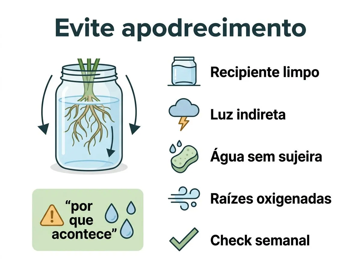 Infográfico com passos para preparar a água, manter o recipiente limpo e reduzir o risco de apodrecimento nas raízes.