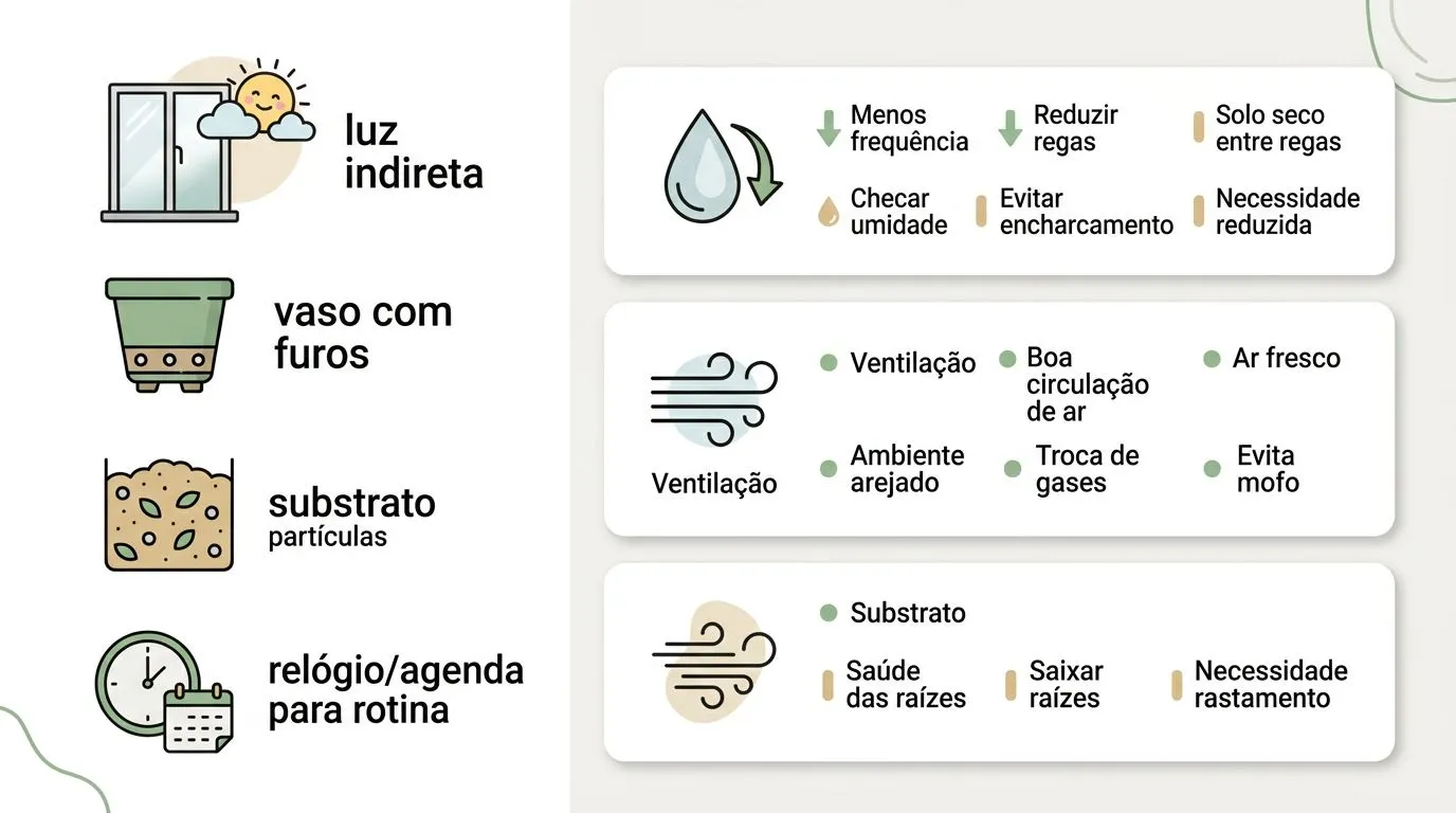 Infográfico com checklist para escolher e manter suculentas dentro de casa, focando luz, ventilação, drenagem e rotina para evitar apodrecimento.