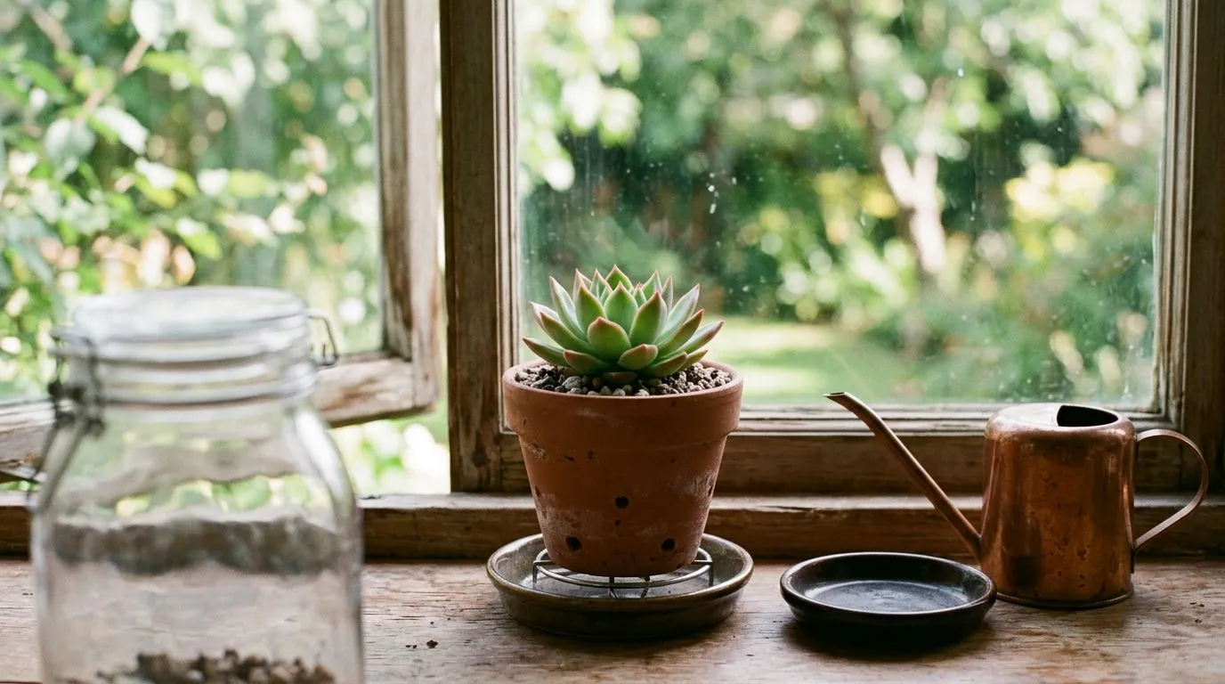 Suculenta em vaso com furos perto da janela, com substrato drenante e regador, mostrando como montar luz, rega e solo para interior.